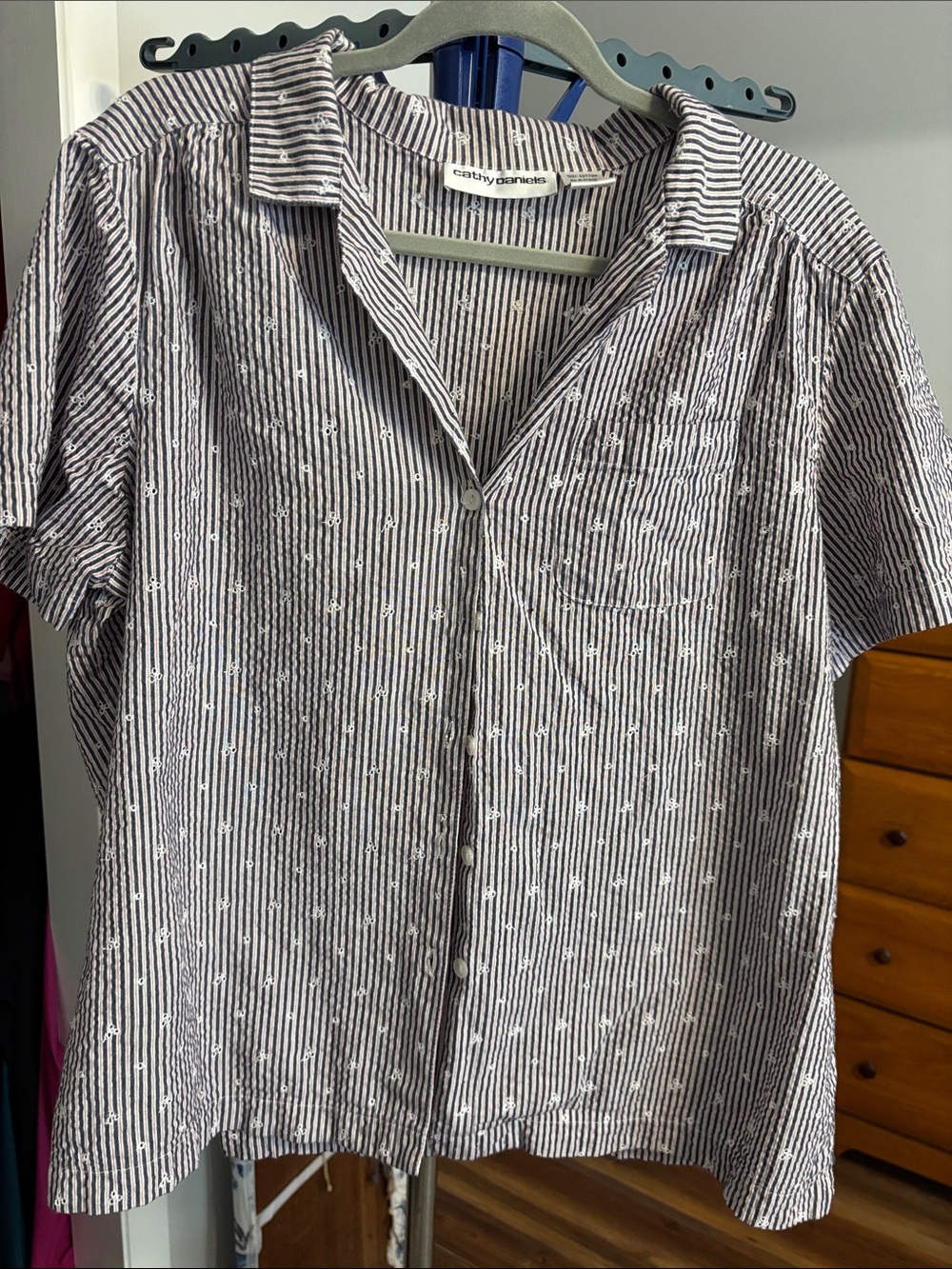 Cathy Daniels Navy and White Striped Short-Sleeve Button-Down